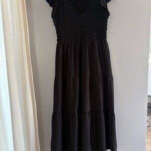 Chic Black Midi Dress with Smocked Bodice